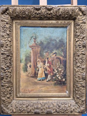 un vieux tableau représentant une femme et deux enfants dans un jardin