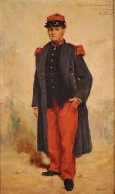 tableau représentant un homme en uniforme militaire debout dans un champ