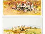 two paintings of people sitting at a table in a vineyard
