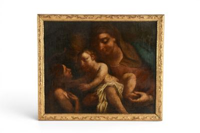 une peinture représentant une femme tenant un enfant sur ses genoux