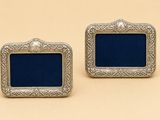 paire de cadres photo anciens en argent avec des inserts en verre bleu