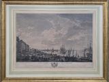 an old picture of a painting of a harbor scene with ships