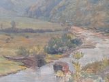 a painting of cows crossing a river in a field