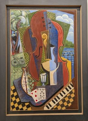 une image représentant un tableau sur lequel figurent un violon et un verre de vin