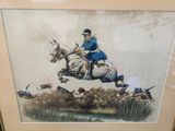 painting of a man on a horse jumping over a hill with a dog chasing behind him