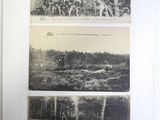 two old black and white photos of horses and people in a forest
