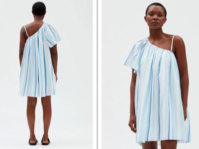 two pictures of a woman in a blue dress and a woman in a white dress