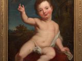 an oil painting of a baby sitting on a cushion holding a bird