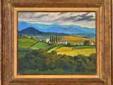 un tableau représentant un paysage avec des collines et des maisons au loin