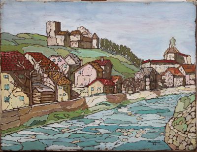 un tableau représentant une rivière traversant une petite ville