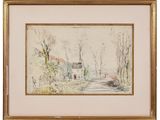 a watercolor painting of a country road with houses and trees
