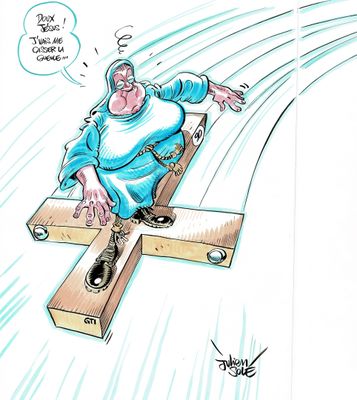 caricature politique représentant un homme sur une croix en bois, avec une bulle au-dessus de sa tête