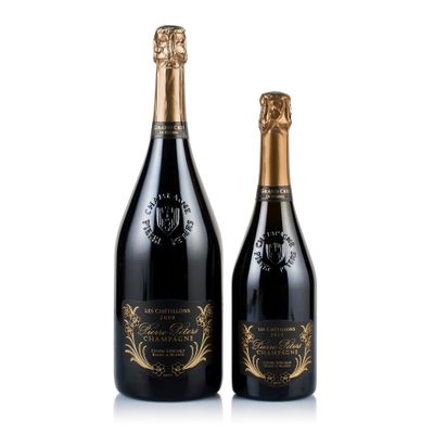 two bottles of champagne, one black and one gold, on a white background