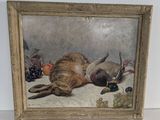 tableau représentant un chien allongé sur une table avec des fruits et des raisins