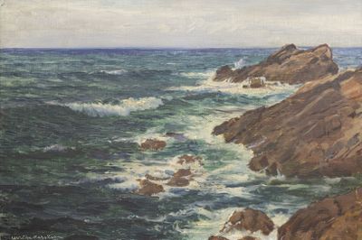 une peinture à l'huile représentant une côte rocheuse avec des vagues se brisant contre les rochers