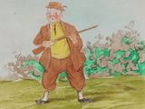 a drawing of a man with a stick in his hand
