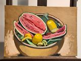 a painting of watermelon and lemons in a bowl on a chair