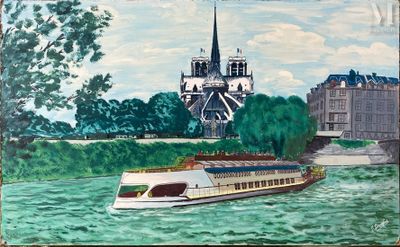 un tableau représentant un bateau sur l'eau, devant un château