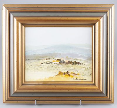 une peinture à l'huile d'un paysage avec une montagne en arrière-plan