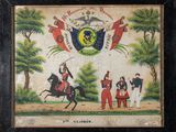 une vieille photo représentant un tableau où l'on voit un homme à cheval et un autre homme à cheval