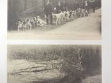 two old black and white photos of men and dogs on a path
