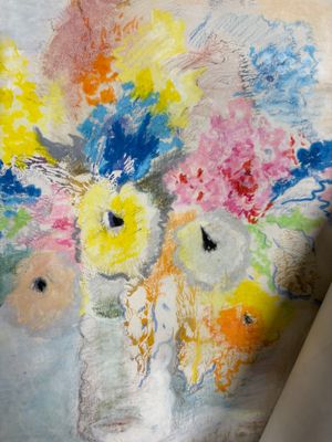 a painting of flowers in a vase on a table