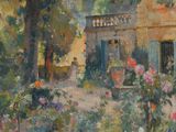 une image représentant un tableau d'un jardin avec des fleurs au premier plan