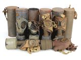 many different types of gas masks on a white background