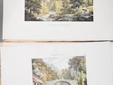 deux gravures anciennes représentant une rivière et un pont dans un cadre boisé
