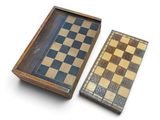 a wooden box with a chess board inside of it