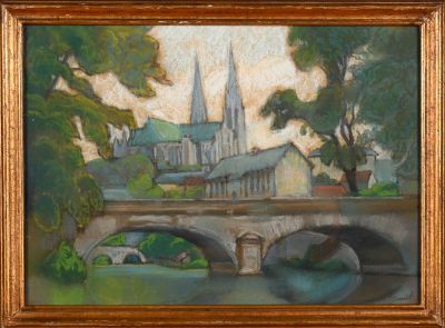 an oil painting of a bridge over a river with a church in the background