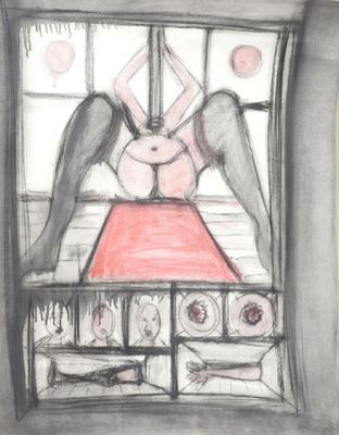 drawing of an angel sitting on a bed with a red blanket