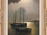 une peinture à l'huile représentant un bateau sur un plan d'eau, sous un ciel nuageux