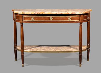une table avec un plateau en marbre et une étagère en dessous