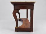 an old wooden table with a marble top on a white background