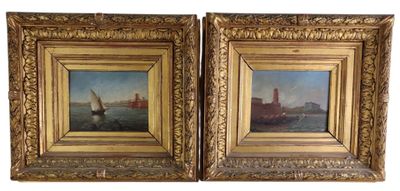 pair of 19th century oil paintings of ships in a golden frame