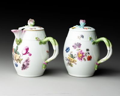 paire de théières en porcelaine ornées de fleurs et d'oiseaux