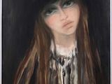 painting of a woman with long brown hair wearing a black hat