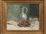 an oil painting of a plate of strawberries and a pitcher on a table