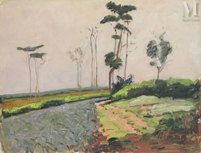 l'image d'une peinture représentant un chemin de terre avec des arbres en arrière-plan