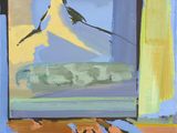 une peinture abstraite représentant une montagne dans un cadre de fenêtre