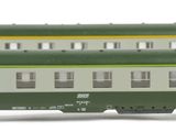 three green and white train cars sitting next to each other on a white surface
