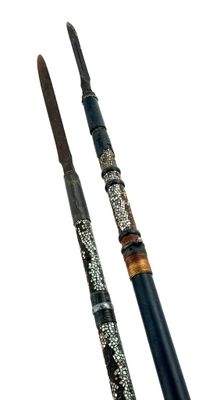 two different types of fishing rods are shown on a white background
