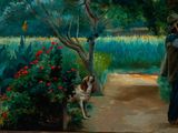 a painting of a man and a dog in a garden