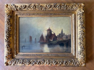 une image représentant un tableau de bateaux dans un port, posée sur un plancher en bois
