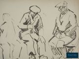 drawing of two men sitting on a bench, one with a hat and the other with a cane