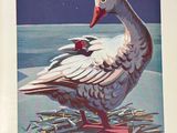 a painting of a goose standing on a pile of leaves
