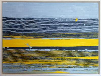 peinture abstraite jaune et bleue représentant un voilier en pleine mer