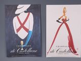 two posters of a woman in a red dress and a man in a white hat