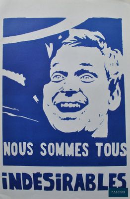 a blue and white poster with a picture of a man laughing